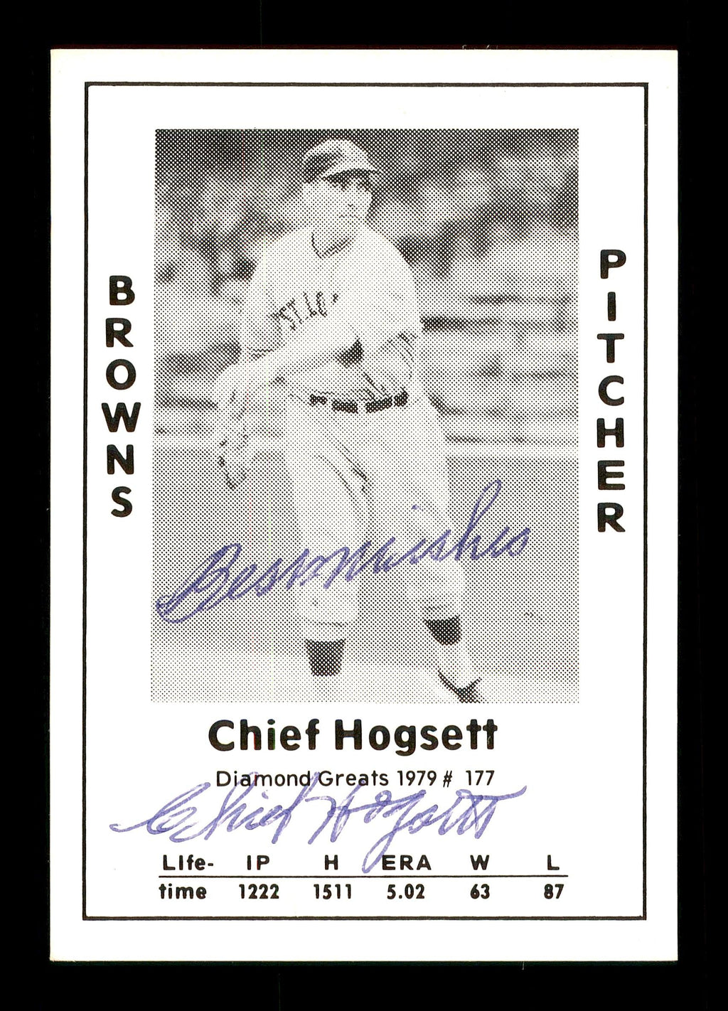 Chief Hogsett Autographed 1979 Diamond Greats Card #177 St. Louis Browns "Best Wishes" SKU #171605