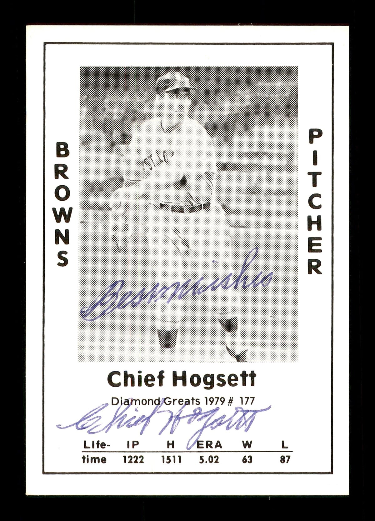 Chief Hogsett Autographed 1979 Diamond Greats Card #177 St. Louis Browns "Best Wishes" SKU #171605