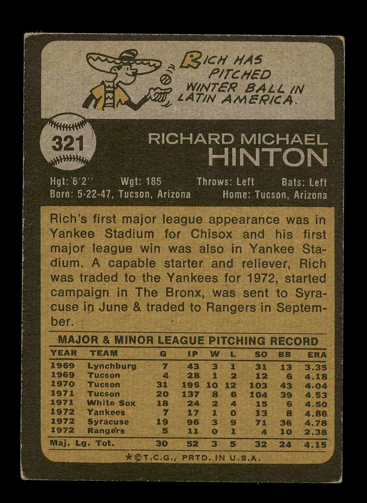 Rich Hinton Autographed 1973 Topps Card #321 Texas Rangers SKU #178697