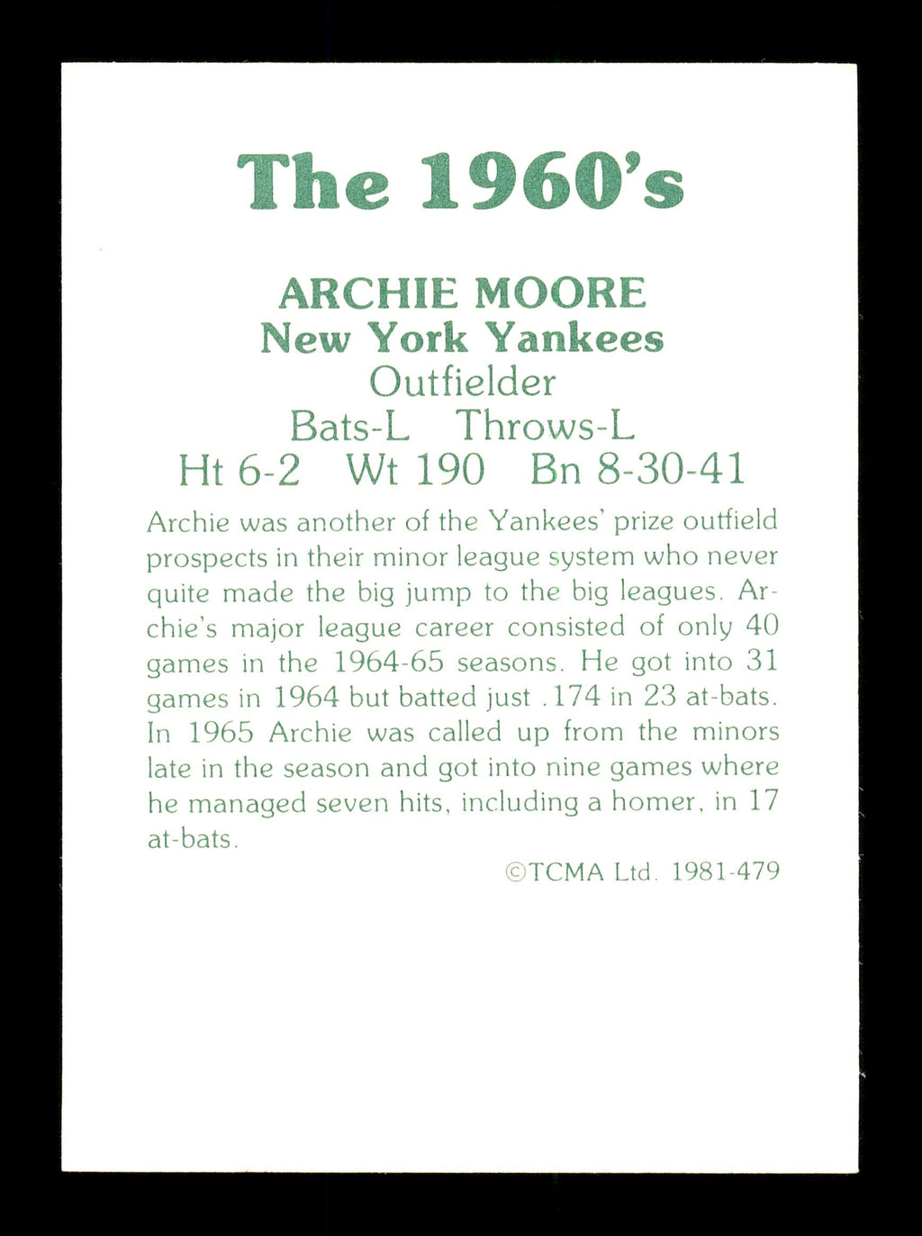 Archie Moore Autographed 1981 TCMA Card #479 New York Yankees SKU #171829