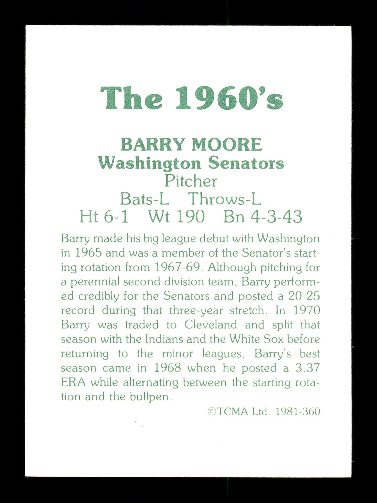 Barry Moore Autographed 1981 TCMA Card #360 Washington Senators "Best Wishes" SKU #171831