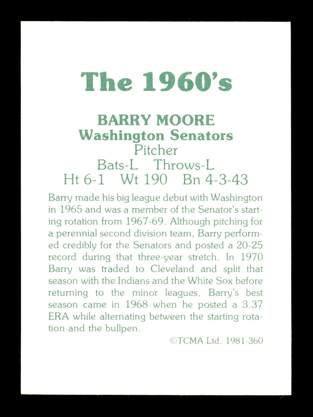 Barry Moore Autographed 1981 TCMA Card #360 Washington Senators "Best Wishes" SKU #171832