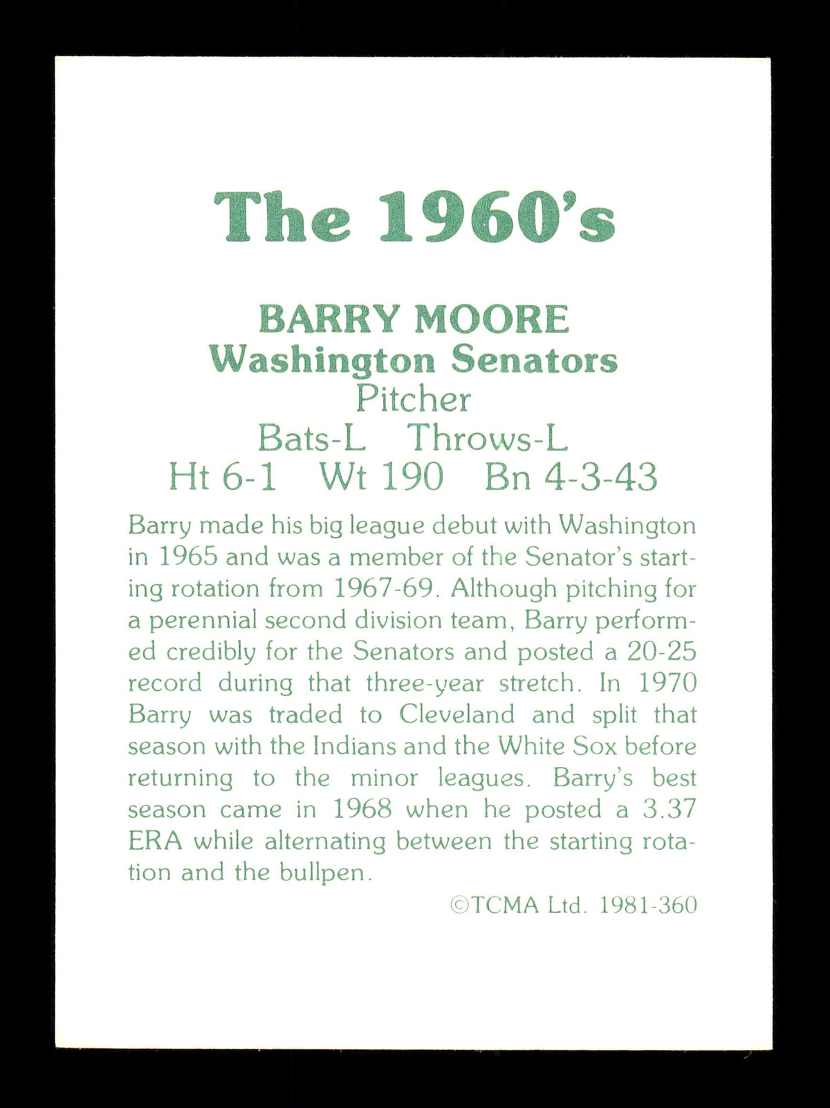 Barry Moore Autographed 1981 TCMA Card #360 Washington Senators "Best Wishes" SKU #171832