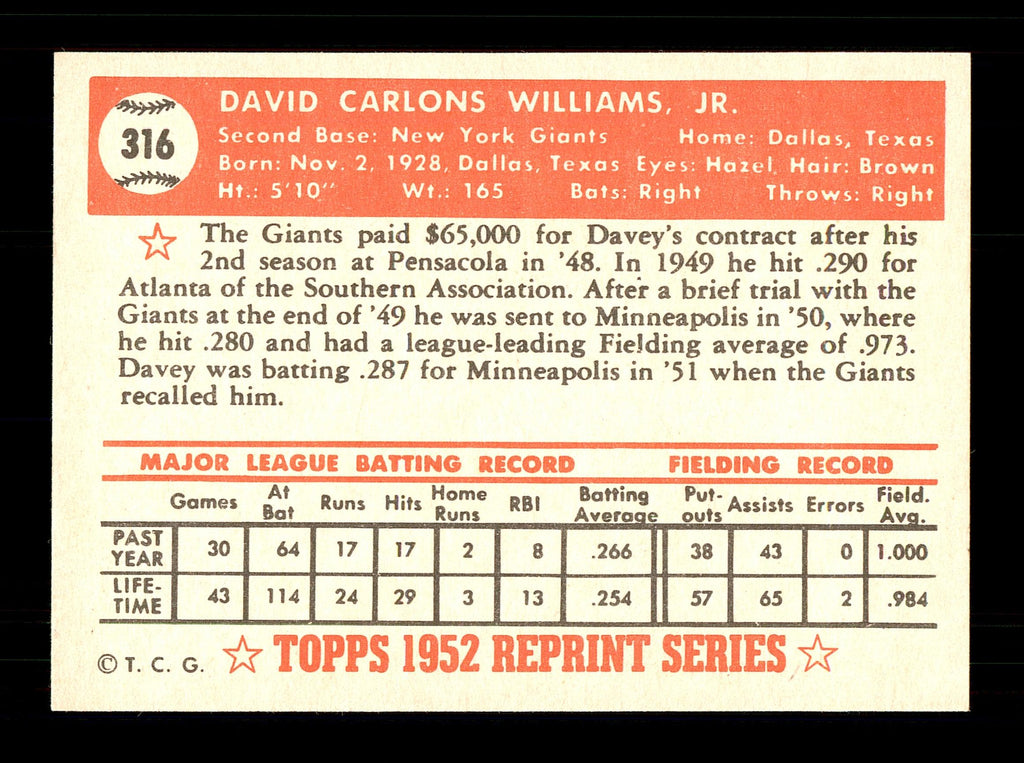 Dave "Davey" Williams Autographed 1983 Topps 1952 Topps Reprint Card #316 New York Giants SKU #172148