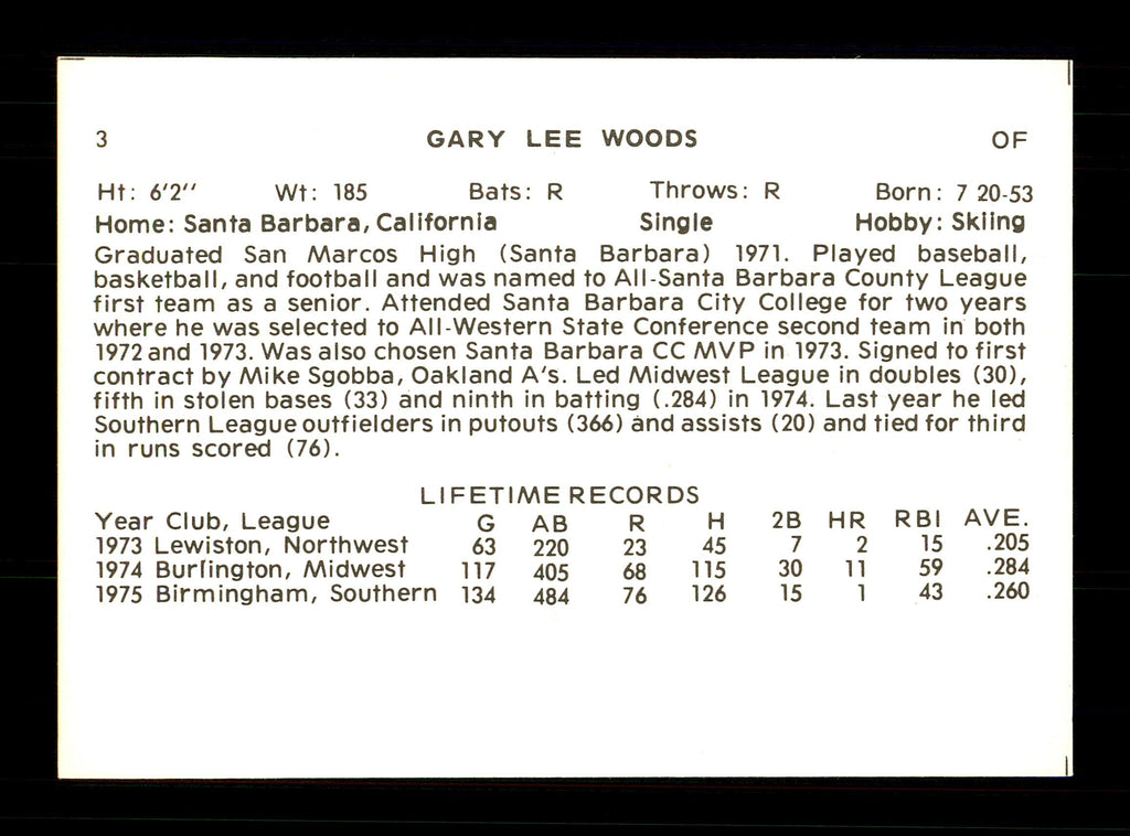 Gary Woods Autographed 1976 Cramer Rookie Card #3 Tucson Toros SKU #172163