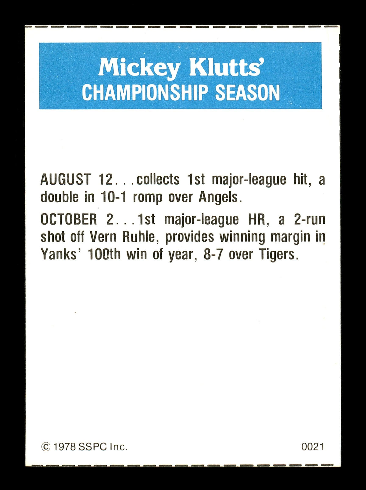 Mickey Klutts Autographed 1978 SSPC Card #21 New York Yankees SKU #172251
