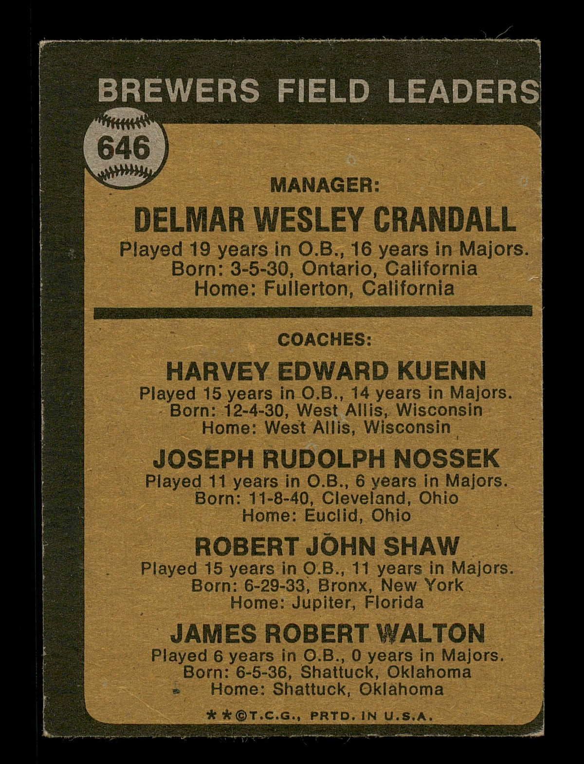 Del Crandall, Joe Nossek & Bob Shaw Autographed 1973 Topps Card #646 Milwaukee Brewers High Number SKU #167584