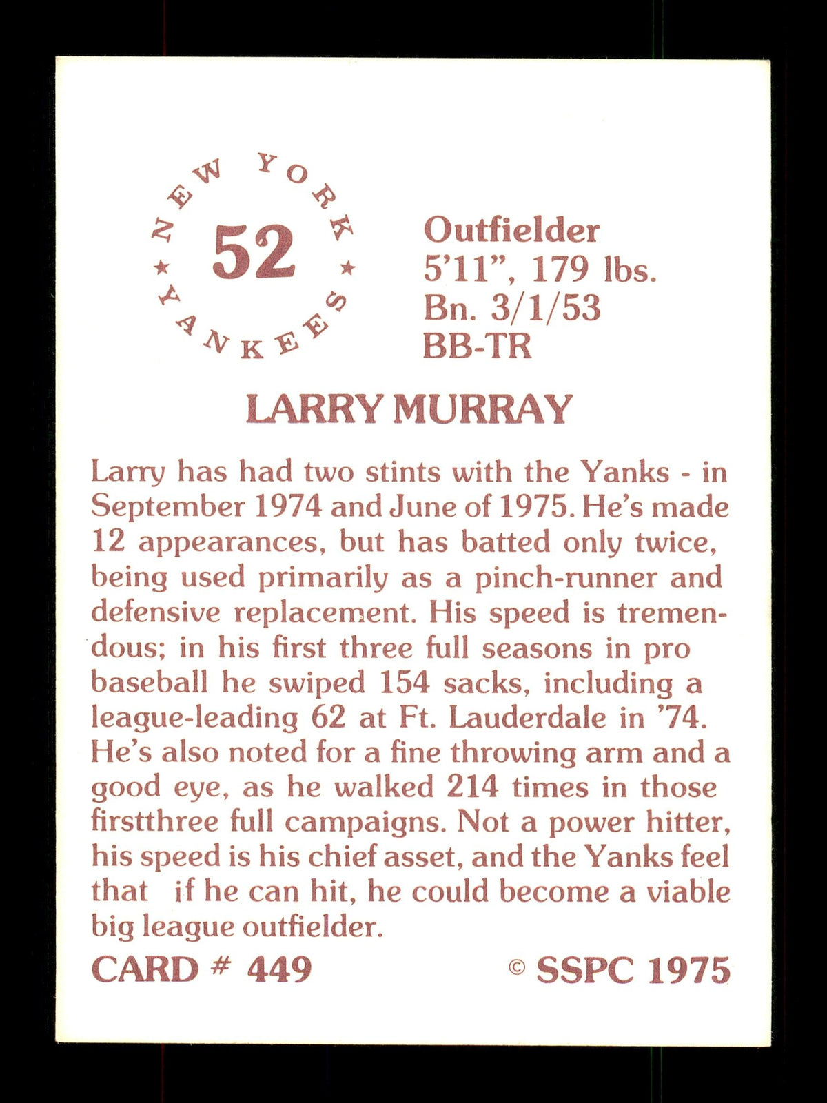 Larry Murray Autographed 1975 SSPC Rookie Card #449 New York Yankees SKU #172531