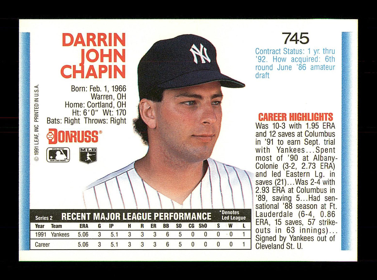 Darrin Chapin Autographed 1992 Donruss Rookie Card #745 New York Yankees SKU #184572