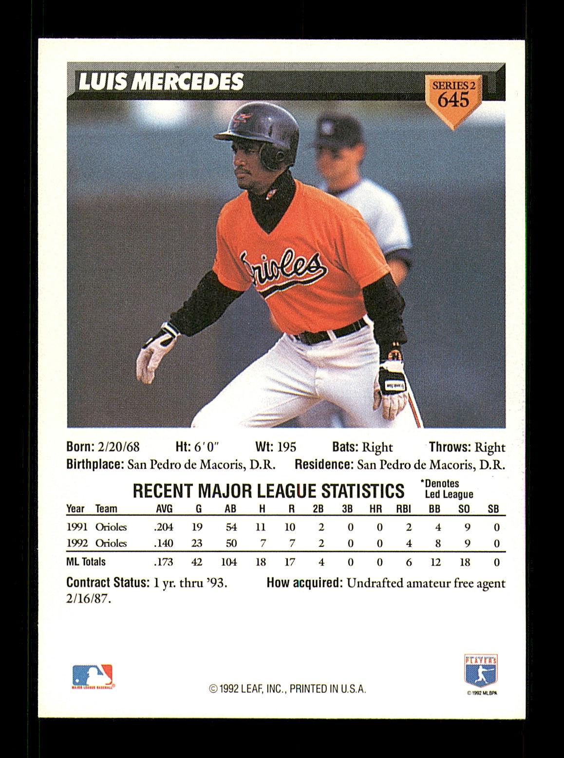 Luis Mercedes Autographed 1993 Donruss Card #645 Baltimore Orioles SKU #184638