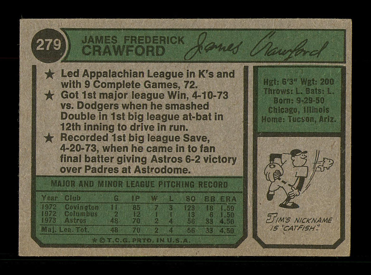 Jim Crawford Autographed 1974 Topps Card #279 Houston Astros SKU #184682