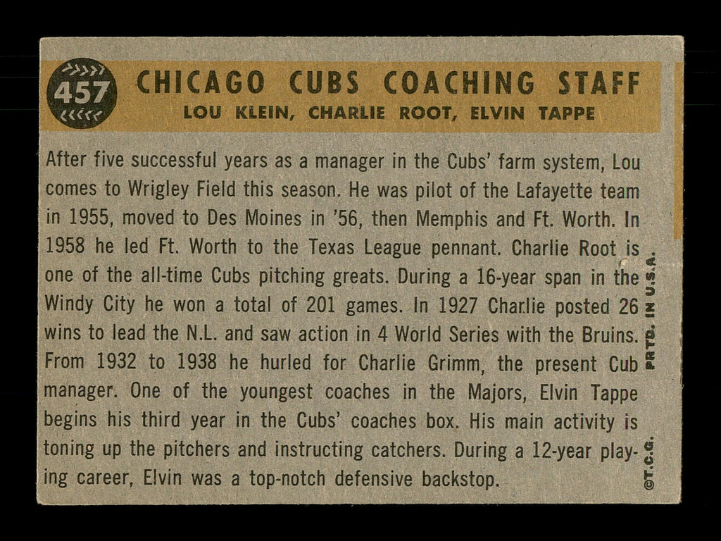Elvin Tappe Autographed 1960 Topps Card #457 Chicago Cubs Coach SKU #169688
