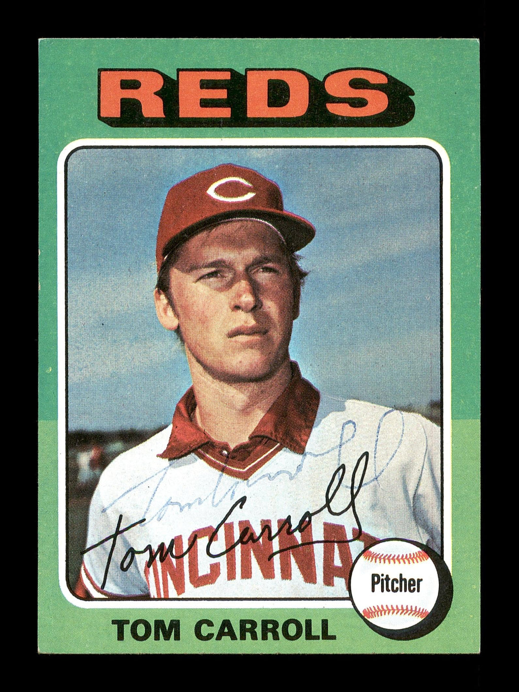 Tom Carroll Autographed 1975 Topps Mini Card #507 Cincinnati Reds SKU #168658