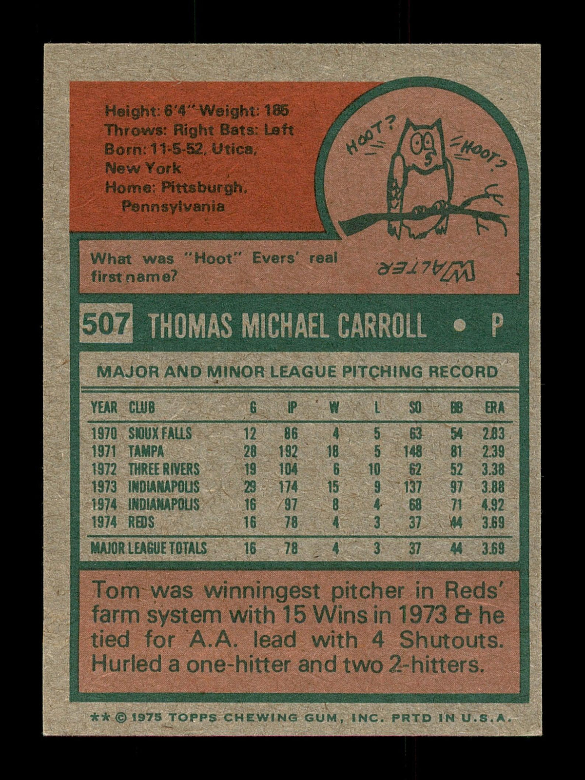 Tom Carroll Autographed 1975 Topps Mini Card #507 Cincinnati Reds SKU #168658