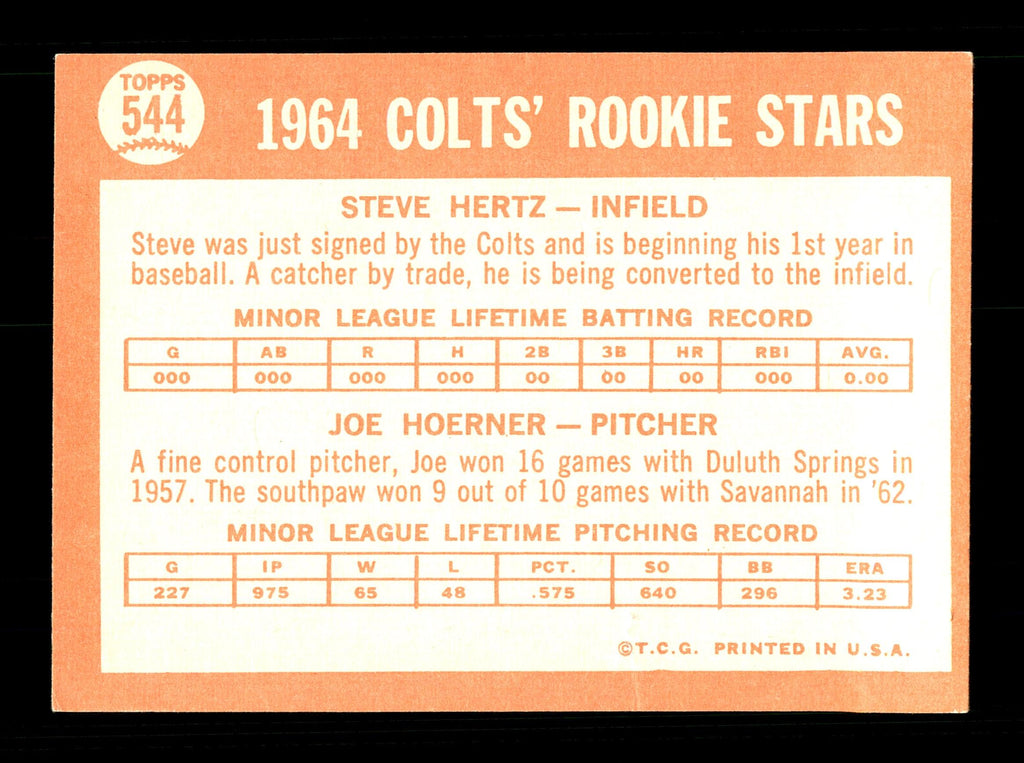 Steve Hertz Autographed 1964 Topps Rookie Card #544 Houston Colt .45's High Number SKU #170361