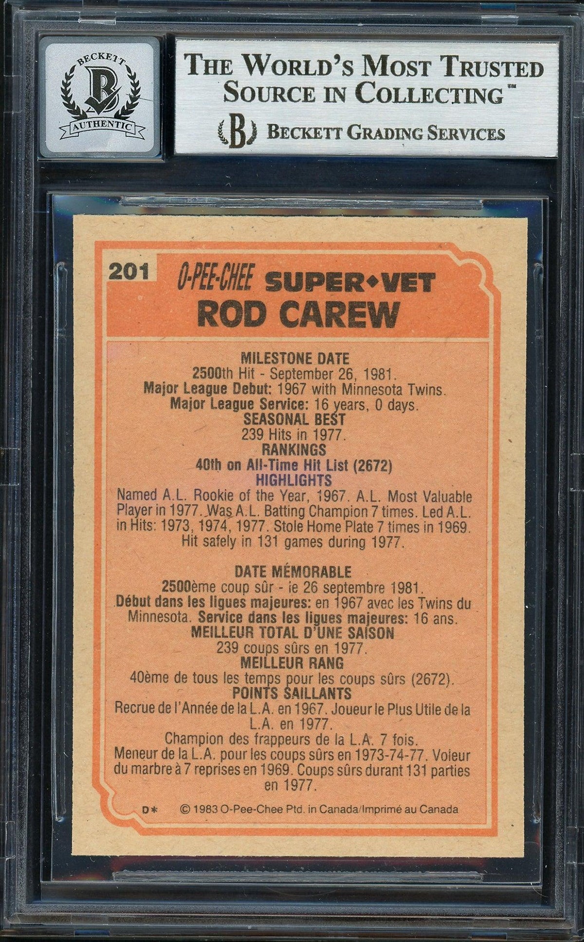 Rod Carew Autographed 1983 O Pee Chee Card #201 California Angels Auto Grade Gem Mint 10 Beckett BAS #12751547